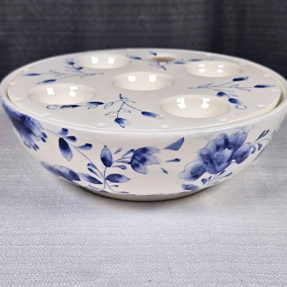Lillian Vernon Japanese Hand Painted Blue & White Egg Bowl OR Bulb Planter
